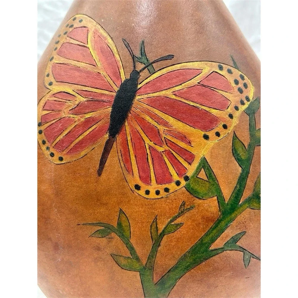 Hand Painted Butterfly Large Gourd Vase Rustic Folk Art Home Decor